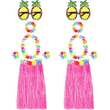 Imagem de 2 conjuntos de saia havaiana hula Grass de 60 cm com acessórios de flores de abacaxi, palha (saias rosa)