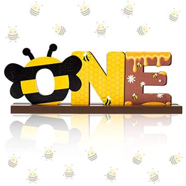 Imagem de OSNIE Bumble Bee Placa de madeira para mesa com uma letra Abelha, decoração de festa para bebês meninos e meninas, tema de abelha, 1º aniversário, marco para chá de bebê, bolo, smash, adereços para fotos para um ano de idade