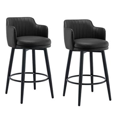 Imagem de 65cm Altura Bancos de Bar Giratório Conjunto de 2 com Costas Ilha de Cozinha Bancos de Bar Altura do Balcão, Couro Nappa Pernas de Metal Preto Apoio para Os Pés Preto para Bar Home Bars Sala de Jantar