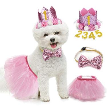 Imagem de Legendog Saia tutu para cães, artigos de festa de aniversário - chapéu - gravata borboleta, roupa rosa fofa para cães pequenos, vestidos de meninas