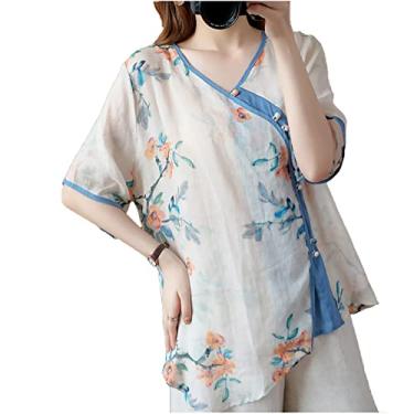 Imagem de Yajun Camisa Cheongsam de verão blusa estilo chinês para mulheres retrô solto algodão hanfu casual respirável decote em v manga curta, azul, GG (peito: 120cm)