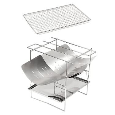 Imagem de Fogões de lenha portáteis 2 em 1 parafuso de aquecedor de titânio Camping churrasco forno de cozinha dobrável mini multi Fuel Firepit para caminhadas viajar piquenique, prateado, 36 * 20 * 26 cm