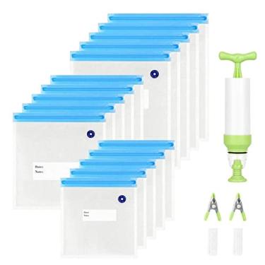 Imagem de Prettyia 15 sacos reutilizáveis para armazenamento de alimentos a vácuo (3 tamanhos de sacos a vácuo), 1 bomba de mão, 4 clipes de vedação para armazenamento de alimentos e cozimento sous vide