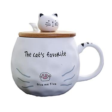 Imagem de Caneca de gato com tampa e colher 3D linda xícara de chá de café de cerâmica conjunto de caneca de casal presente de aniversário para professores, mães, amigas, amantes, (cat give me five, 400 ml)
