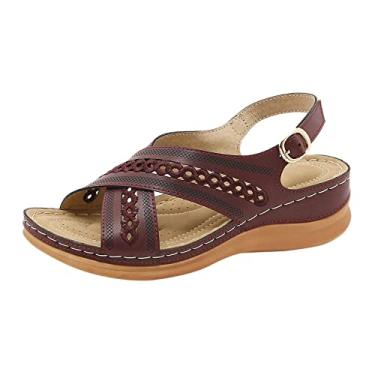 Imagem de Sandálias femininas moda verão novo padrão simples cor sólida fivela sandálias sandálias anabela sandálias confortáveis com, Vinho, 8