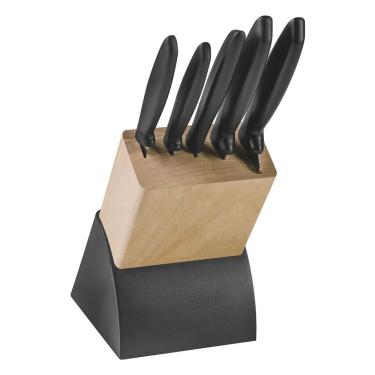 Imagem de Jogo de facas tramontina plenus com lâminas em aço inox cabos de polipropileno preto E suporte de madeira 6 peças