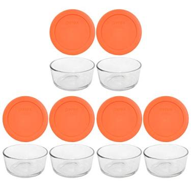 Imagem de Pyrex (6) 7200 pratos de vidro para 2 xícaras e (6) tampas laranja Pyrex 7200-PC 2 xícaras