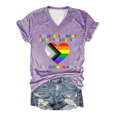 Imagem de 2024 Pride Shirts for Women Rainbow Love Heart Graphic Tops Blusa Gola V Manga Curta Camisetas LGBTQ Gays Igualdade, Roxa, P