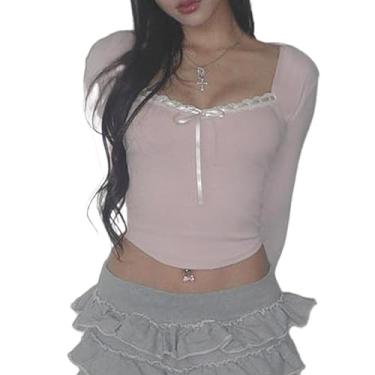 Imagem de Camiseta feminina Y2k com laço cropped manga comprida gola quadrada patchwork slim fit renda fada estética, J-pink laço sexy, P
