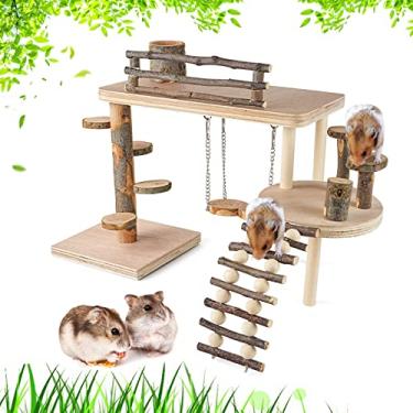 Imagem de VolksRose Plataforma de playground de madeira para hamster, brinquedo de escalada de hamster, sistema de escalada natural, conjunto de atividades para pequenos animais com escada, tigela de comida,