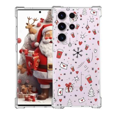 Imagem de XIMIZU Capa de telefone de Natal para Samsung Galaxy S23 Ultra, capa protetora de TPU (poliuretano termoplástico) macio cristalino, antiarranhões, antiqueda, à prova de choque, coração de amor, feliz ano novo, projetada para Samsung Galaxy S23 Ultra