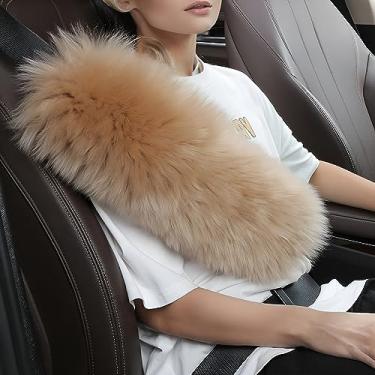 Imagem de OGLAND Capas de cinto de segurança de pele de carneiro de lã longa de pelúcia, capas de almofadas de cinto de segurança fofas para marcapasso adultos crianças mulheres carro universal, 1 pacote marrom