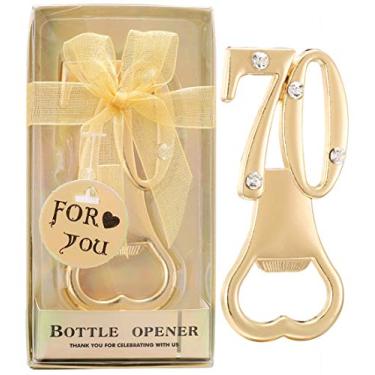 Imagem de Conjunto de 12 abridores de garrafa criativos para lembrancinhas de festa de aniversário de 70 anos ou presentes de festa de aniversário de 70 anos, lembrancinhas de festa de aniversário, decorações de lembrança para convidados (12, 70º ouro)