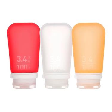 Imagem de Garrafa de viagem de silicone Gotoob+ da Humangear com tampa de bloqueio, pacote com 3, grande (100 ml), Clear/Red/Orange, One Size