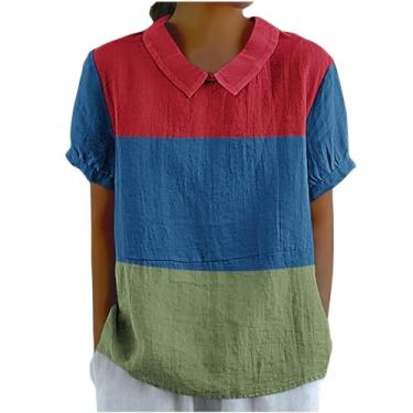 Imagem de Camisetas femininas coloridas, algodão, linho, manga curta, blusas grandes, casuais, soltas, com colarinho, blusas para sair, Vermelho, P