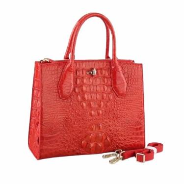 Imagem de Bolsa feminina autêntica de couro jacaré genuíno exótico pele de crocodilo bolsa de ombro única feminina bolsa transversal, Vermelho, 28cm(Width) x 23cm(Height) x 11.5cm(Deep)