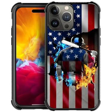 Imagem de DJSOK Capa compatível com iPhone 15 Pro Max, design padrão de bandeira americana de beisebol gelo e fogo, capa para iPhone 15 Pro Max, para canto antiqueda e presente à prova de choque para homens e