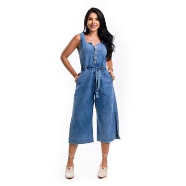 Imagem de Macacão Pantacourt Jeans Feminino sem Manga - Restrito Jeans, 48, Azul