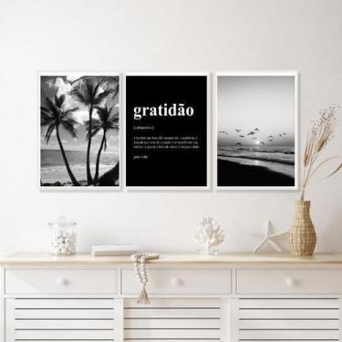 Imagem de Kit 3 Quadros Praia Preto E Branco Gratidão Significado - Quadros On-L