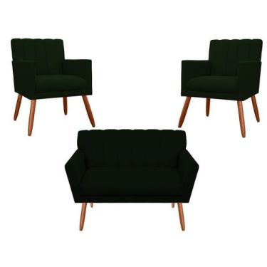 Imagem de Kit Namoradeira + 2 Poltronas Decorativa Cecília Suede Verde Pés Madei