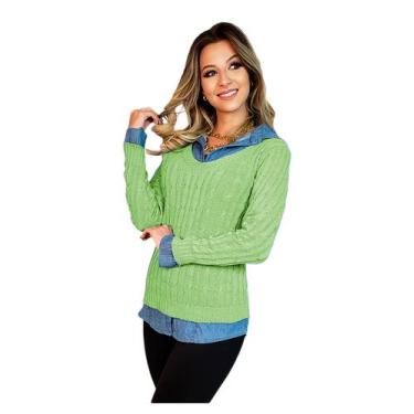 Imagem de Blusa Suéter Feminino Tricot Gola V Outono Inverno - EUC STORE, Verde 