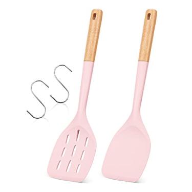 Imagem de Pacote com 2 espátulas de silicone, conjunto de utensílios de cozinha antiaderentes com cabo de aço inoxidável, espátula de cozinha para assar, misturar, grelhar, servir alimentos, resistente ao calor, ganchos sem arranhões incluídos (rosa)