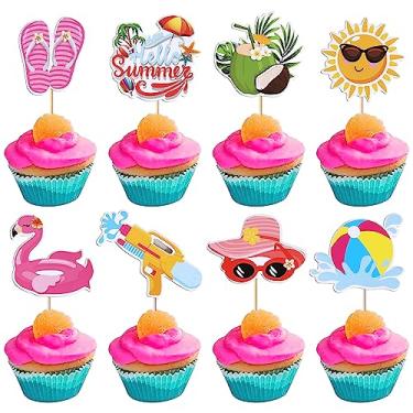 Imagem de Rsstarxi Pacote com 32 topos de cupcake de praia de verão com bola guarda-sol pistola de água chinelos palhetas de cupcake Olá decorações de bolo havaiano para chá de bebê, decoração de festa temática