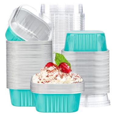 Imagem de EUSOAR Copos para assar de folha de alumínio com tampas, 100 peças de ramequins descartáveis com tampas, copos de muffin para assar, formas quadradas de cupcake, mini formas de pão de bolo com tampas