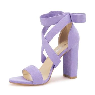 Imagem de Sandálias femininas de salto alto com tiras de salto grosso com cadarço Fahsion Casual Nude Block, Roxa, 35