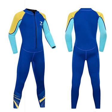 Imagem de ZCCO Roupa de mergulho infantil, maiô térmico de neoprene de 2,5 mm, roupa de banho de uma peça para meninos e meninas, roupa de banho de manga comprida quente para mergulho, natação, surfe, etc.