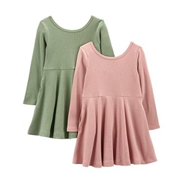 Imagem de Simple Joys by Carter's Pacote com 2 vestidos canelados elásticos para meninas, Oliva/rosa, 2 Anos