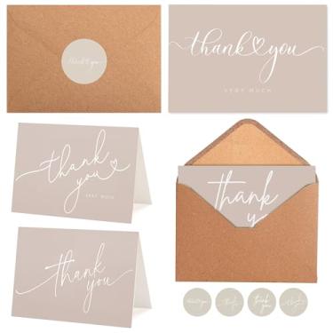 Imagem de 100 cartões de agradecimento cáqui a granel com envelopes Kraft e adesivos - 4 designs minimalistas em branco notas de agradecimento com envelopes bege para negócios casamento presente de noiva chá de