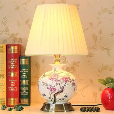 Imagem de Abajur de cerâmica estilo chinês pintado de flores e pássaros abajur de pano plissado abajur sala de estar quarto abajur de cabeceira decoração (cor: C2) pés de polvo