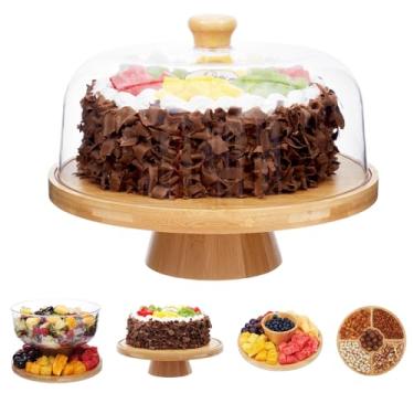Imagem de Timboops Home suporte para bolo de bambu com tampa, prato de bolo multifuncional 6 em 1, suporte para bolo, bandeja de servir, travessa de frutas, saladeira, display de mesa de sobremesa e t