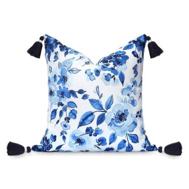Imagem de Hofdeco Premium Capa de almofada para pátio costeiro interno e externo apenas, repelente de água de 45,72 cm x 45,72 cm para quintal, sofá, azul marinho, estampa azul bebê, rosa e flor de hortênsia