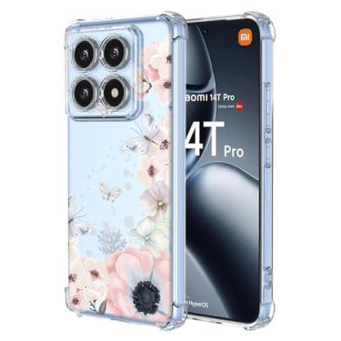 Imagem de RRXSYXL Capa para Xiaomi 14T Pro 5G com estampa floral transparente, capa macia à prova de choque para Xiaomi 14T Pro 5G, borboletas de flores rosa, 14T Pro 5G