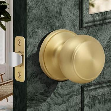 Imagem de Moquin Maçaneta de porta de passagem esférica plana sem trava, maçaneta interna redonda com acabamento em latão acetinado, maçaneta sem trava sem chaves para armário de corredor