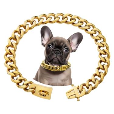 Imagem de Coleira dourada para cães, elos cubanos, colares de corrente de metal de 15 mm, corrente dourada de aço inoxidável com fivela de design seguro, colar de corrente para cães pequenos, médios e grandes