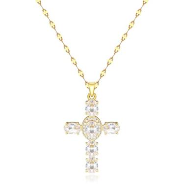 Imagem de MISS RIGHT Colar com cruz, banhado a ouro 18 K, banhado a prata, zircônia cúbica, cruz, colares com pingente de fé, moderno, de aço inoxidável, minimalista, joias, presentes, ouro, masculino, cruz,