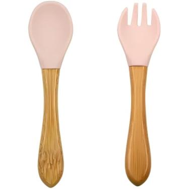 Imagem de Kit 2 Talheres Colher e Garfo Infantil de Silicone com Cabo de Madeira 13cm (Rosa Claro)