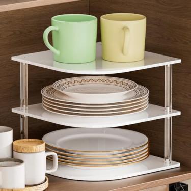 Imagem de Organizador de pratos para economia de espaço de armário - Prateleira de canto de acrílico para pratos, tigelas, organização de armário de bancada de cozinha de 3 níveis, suporte de pratos de jantar e