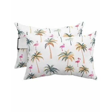 Imagem de Travesseiro de cabeça reclinável rosa flamingo palmeiras em branco ao ar livre com enchimento, almofadas reclináveis à prova d'água, espreguiçadeira, almofada lombar para praia, jardim, verão, praia