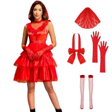 Imagem de Lydia Deetz Costume Red Wedding Dress 80s Prom Tulle Dress For Women Dead Bride Halloween Gothic Costumes S