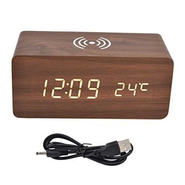 Imagem de Despertador digital de carregamento sem fio Detecção automática de temperatura seguro estável LED relógio eletrônico para Home Office Desktop Use PVC Walnut Material 16,1x7x6,9 cm (Vermelho)