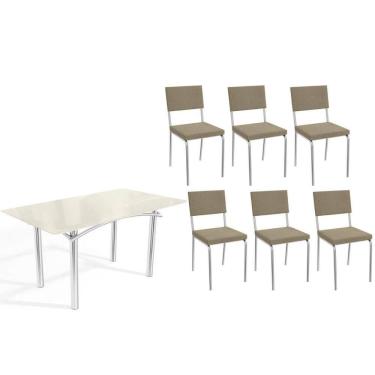 Imagem de Sala de Jantar Completa Elba Tampo Madeirado c/ Vidro 160cm e 6 Cadeiras Zaria Cromada/Off White - Boucle Bege - Kappesberg