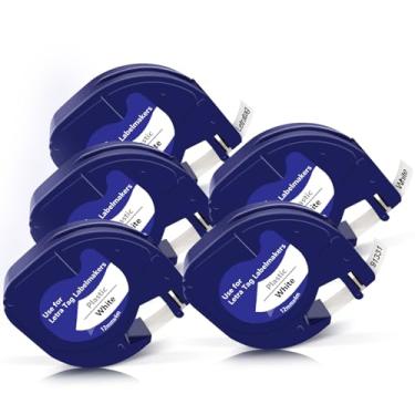 Imagem de Fita de etiqueta de substituição compatível para Dymo LetraTag Refil 91331 Fita de etiqueta de plástico preta sobre branca 12 mm 1/2 polegada para fabricante de etiquetas Dymo LetraTag LT-100T LT-100H resistente à água pacote com 5