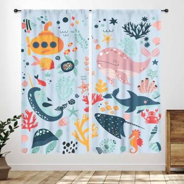 Imagem de Cortinas azuis para quarto de crianças, desenhos animados, animais subaquáticos, tubarões, tartarugas, natureza, plantas marinhas, cortinas de janela azul, tratamentos para crianças, meninos, meninas