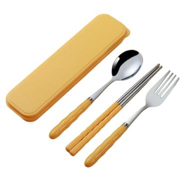 Imagem de Conjunto de utensílios de mesa portáteis com garfo de aço inoxidável fofo de desenho japonês para uso doméstico, conjunto de três peças [amarelo vitalidade]