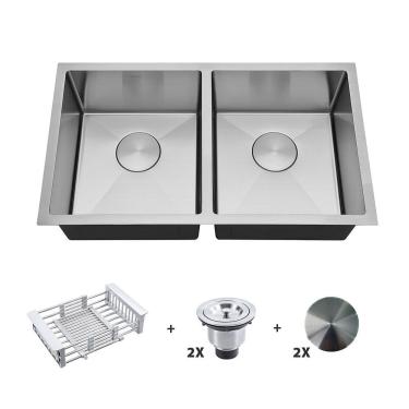 Imagem de Kit Cuba Dupla Gourmet com Acessórios Solo 35x35x40 e Válvula e Escorredor e Tampa Arell Inox Escovado