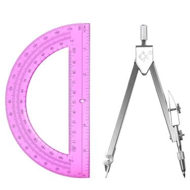 Imagem de Tdfronien Conjunto de matemática de geometria para estudantes, bússola de desenho e transferidor de braço oscilante de 15 cm transferidor de matemática de 180 graus (rosa)